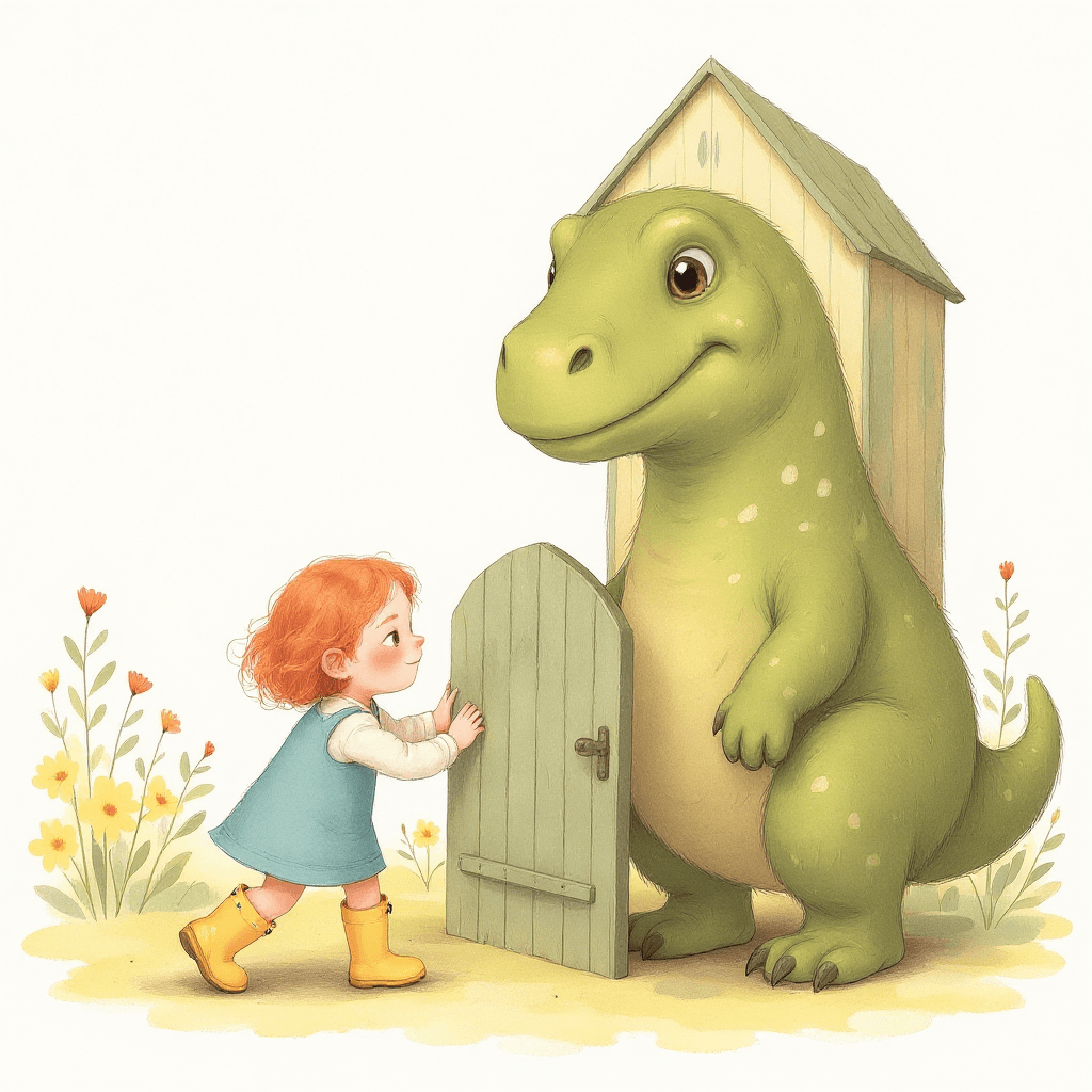 Emma knocking on the little green gate, one enormous friendly eye of Bracken the dinosaur appearing over the top of it