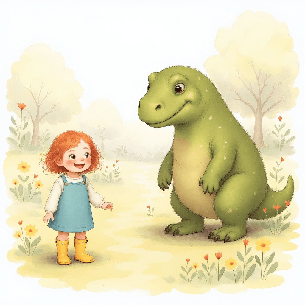 Bracken the dinosaur lowering his head apologetically over flattened rose bushes while Emma laughs