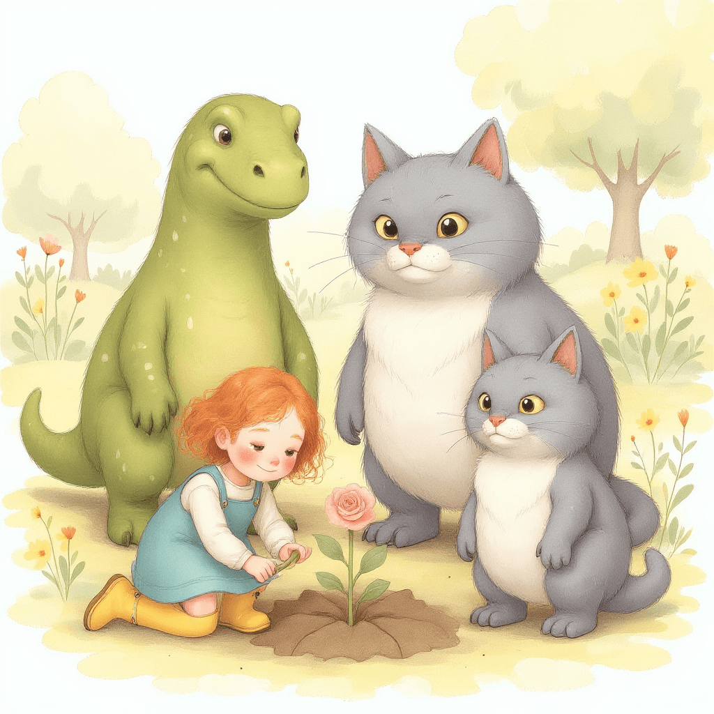 Emma and Bracken planting roses together, water everywhere, Bramble the cat watching from a wall