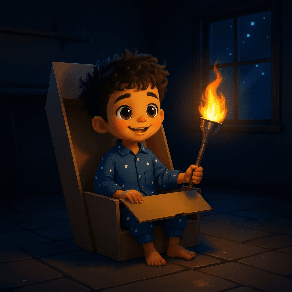 Jack in pyjamas inside a cardboard rocket in a dim hallway, torchlight spilling out of the window flap