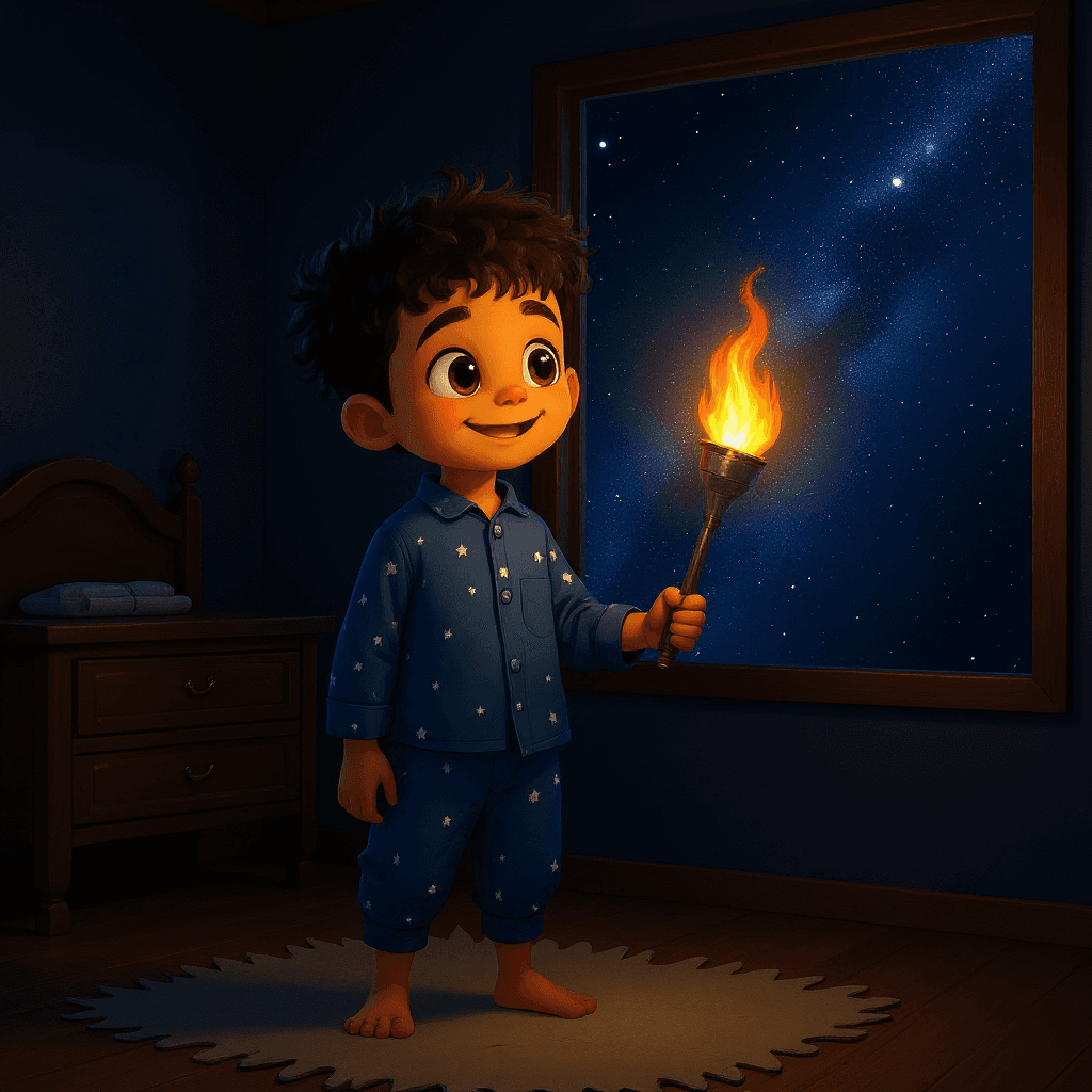 Jack’s cardboard rocket rising past the bedroom window into a deep starry sky