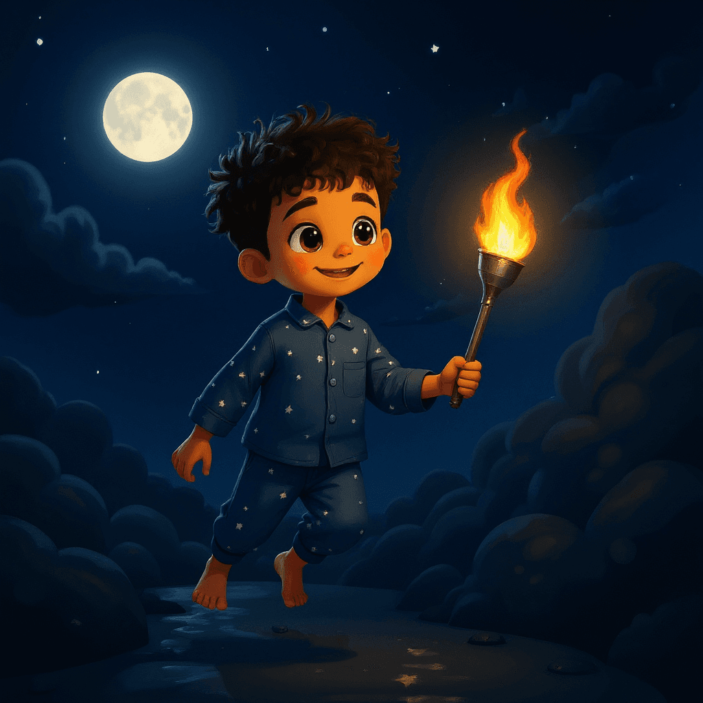 Jack floating with his torch beside a small dim moon sulking behind a cloud