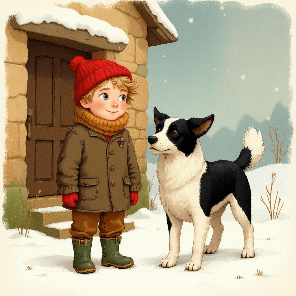 Leo bundled in winter clothes by a farmhouse door with Nell the sheepdog, snow falling outside