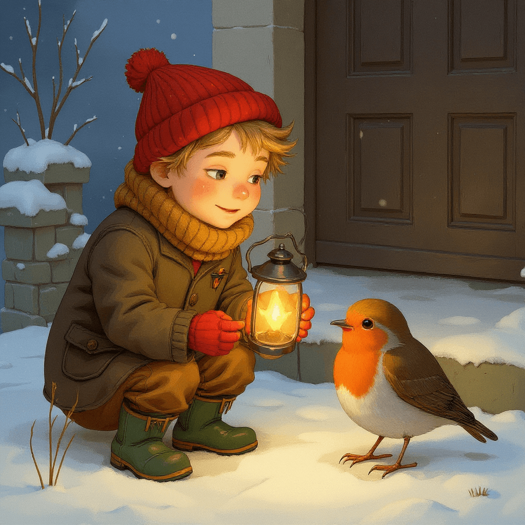 The robin on a snowy doorstep, Leo crouching down to it with a lantern