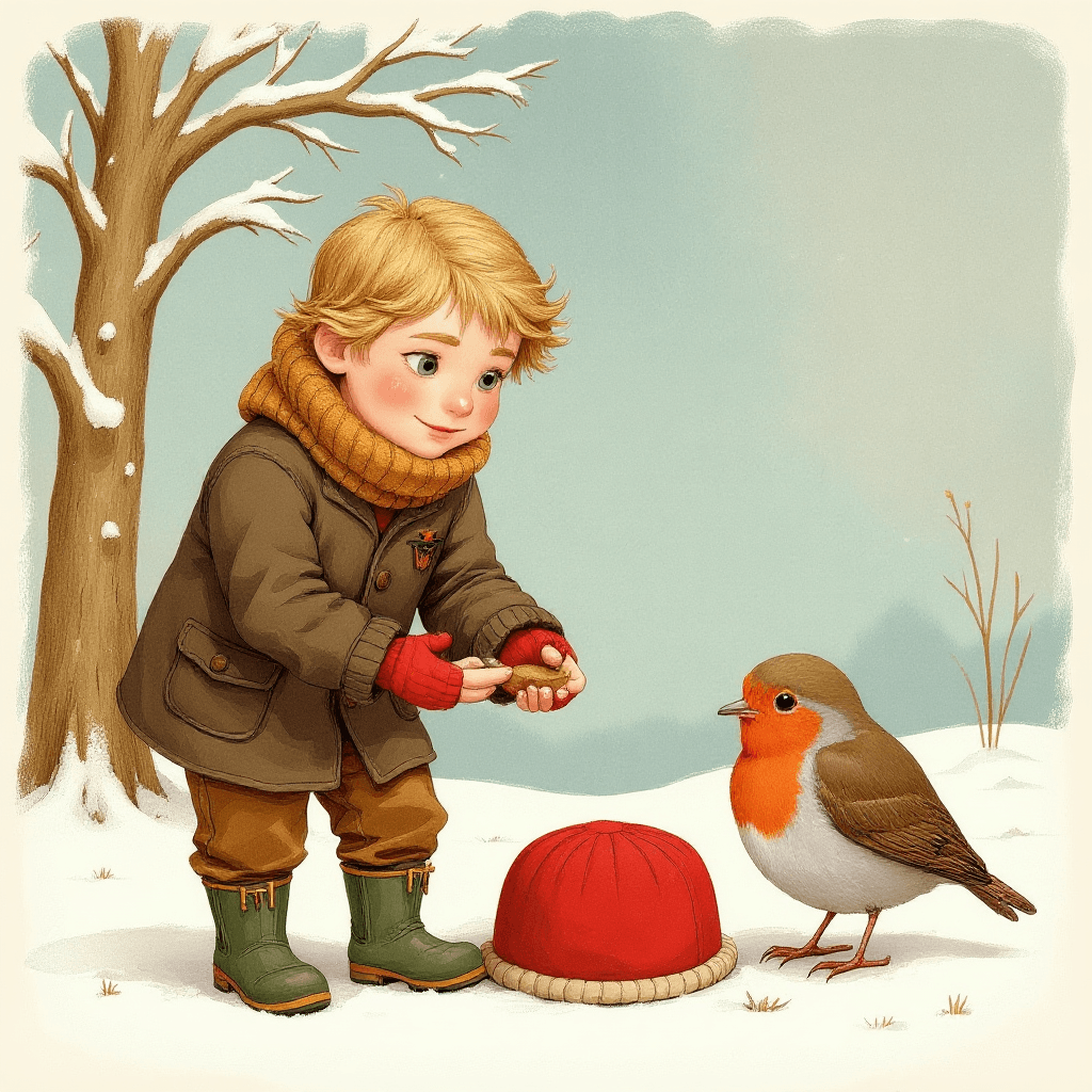 Leo’s red woollen hat in the fork of a snowy tree with the robin settling into it, Leo watching