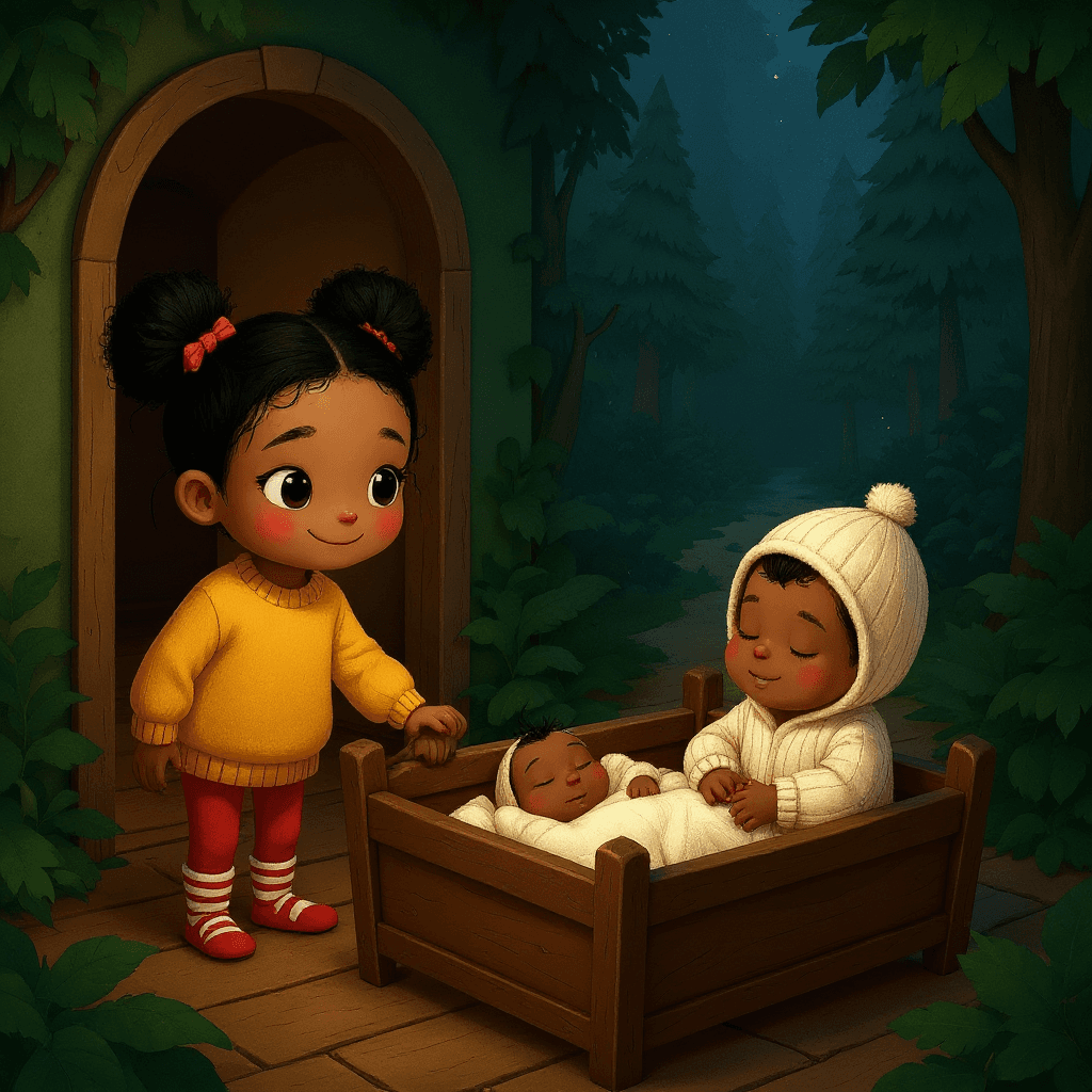 Mia standing in a doorway watching the grown-ups gathered around baby Theo’s crib