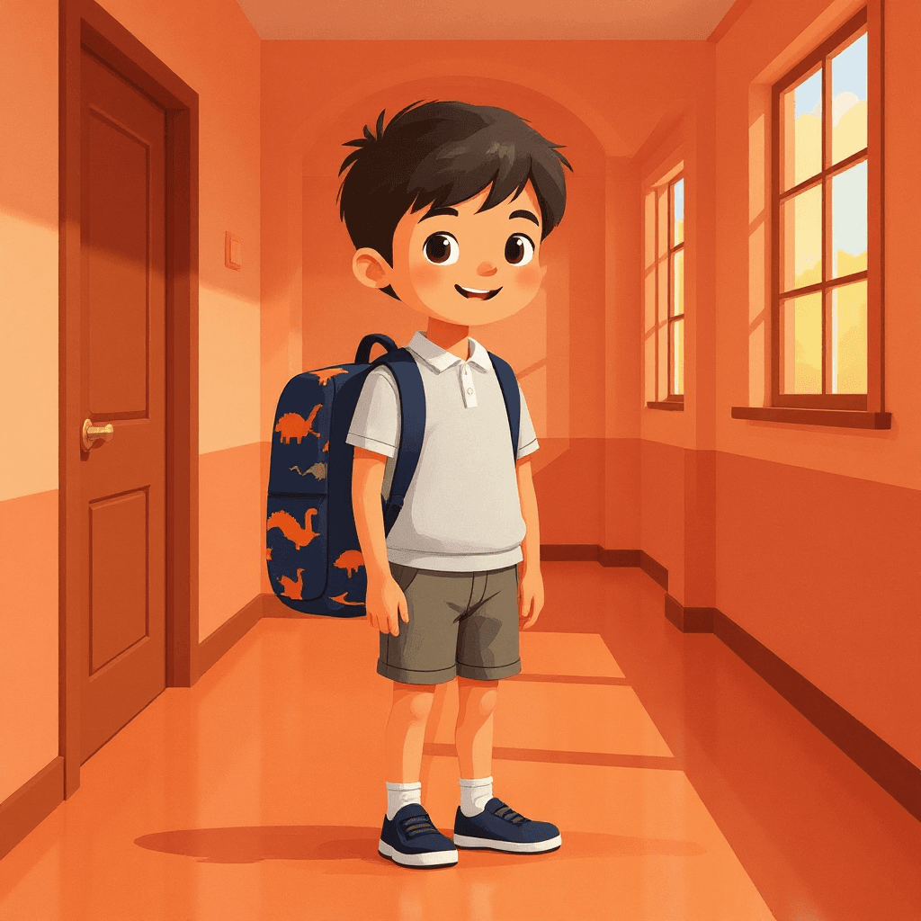 Noah standing in a hallway wearing an enormous school bag, new shoes, morning light