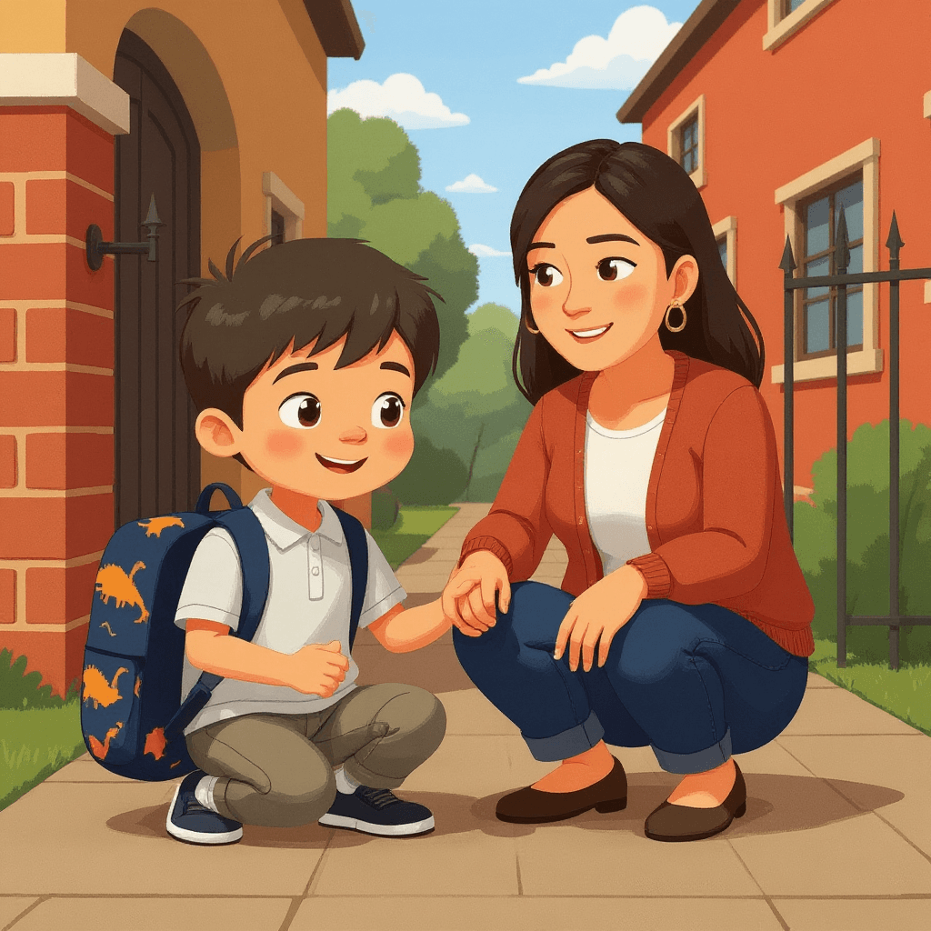 Mum kneeling down to eye level with Noah at a school gate, both holding the bag strap