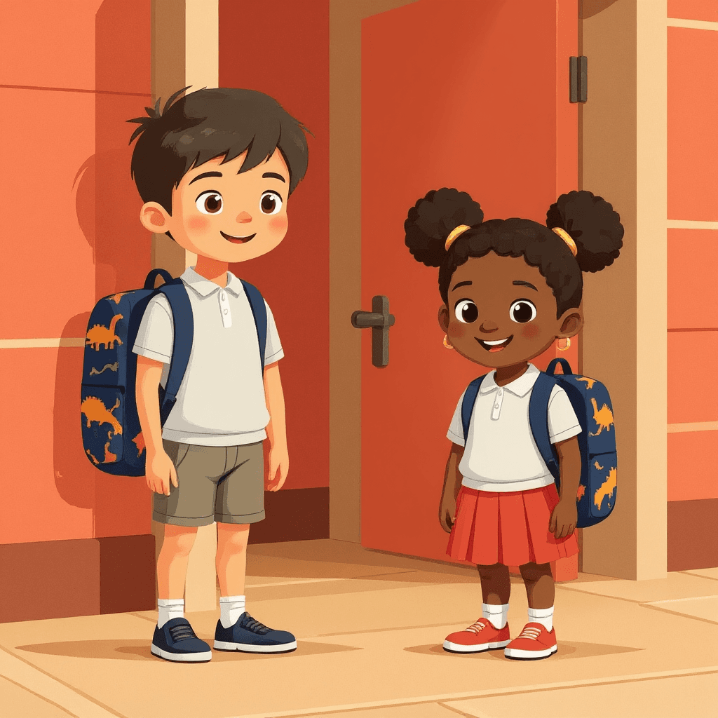 Sadie and Noah, two different children, noticing each other’s matching dinosaur bags in a bright classroom doorway