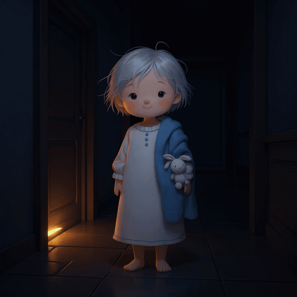 A dark landing with one warm strip of light under Olivia’s bedroom door