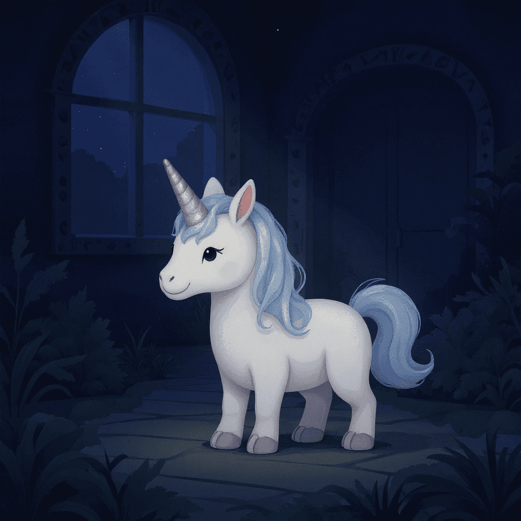 Olivia at her window in moonlight, the moonlight unicorn standing among the garden shadows