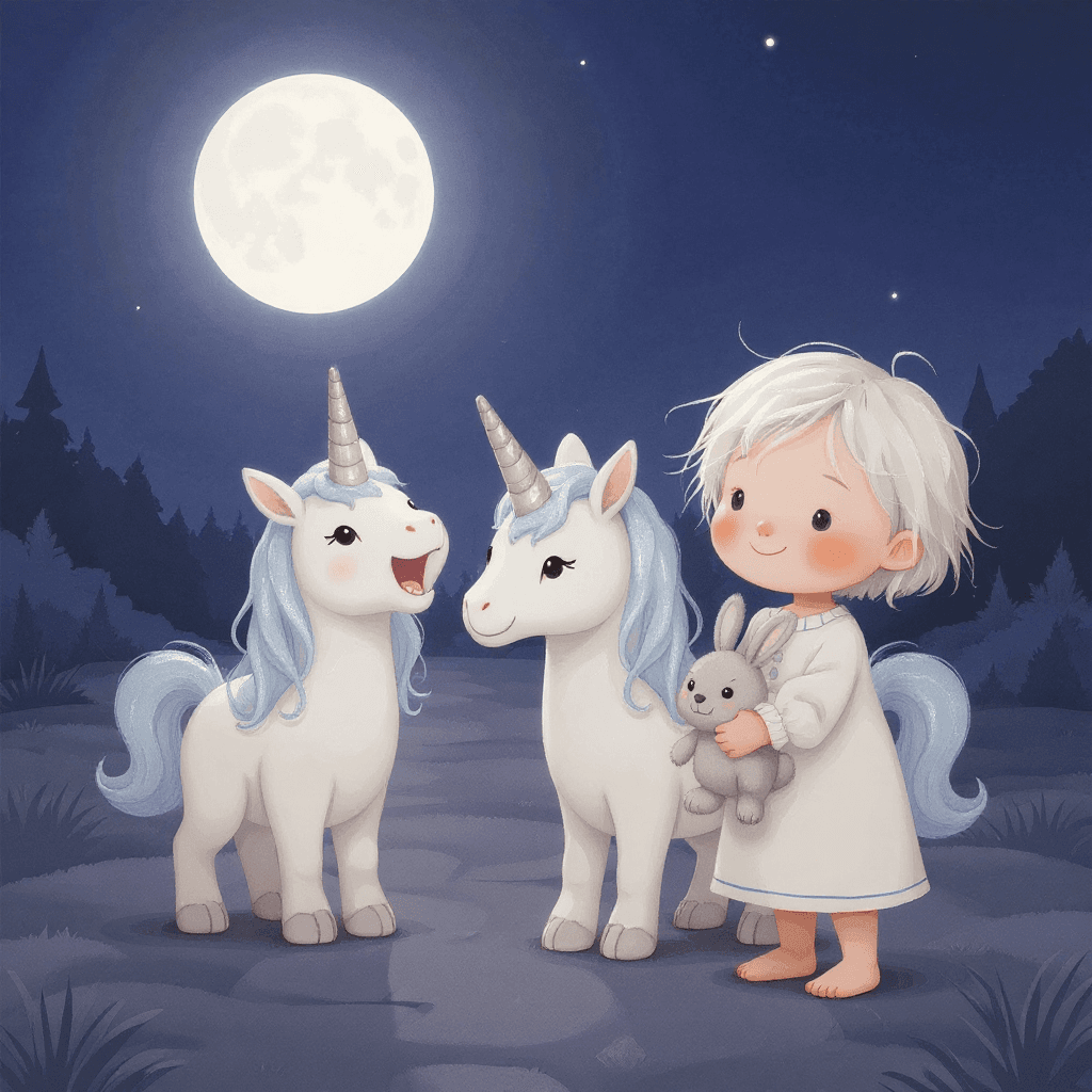 The moonlight unicorn yawning under a huge moon, Olivia giggling at the window with Bun her rabbit